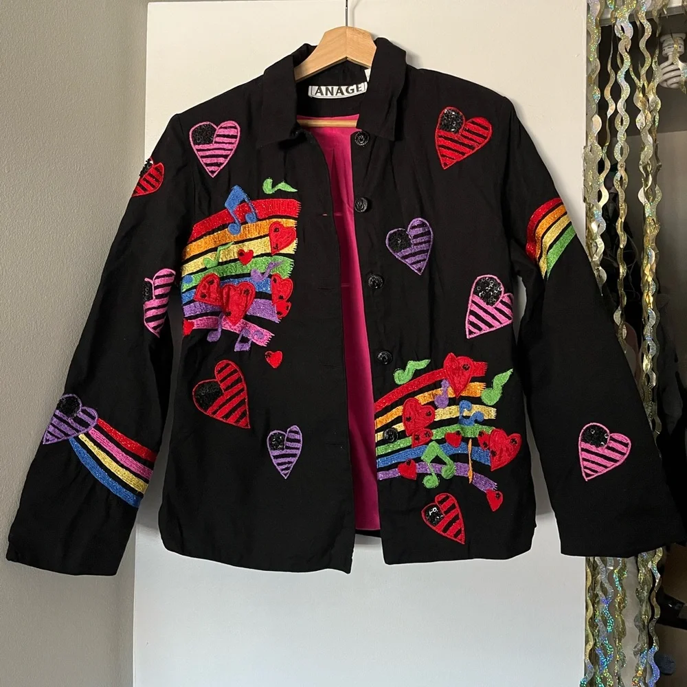 music notes with sequins and rainbow jacket with a funky, retro branded anage - Picture 1 of 8